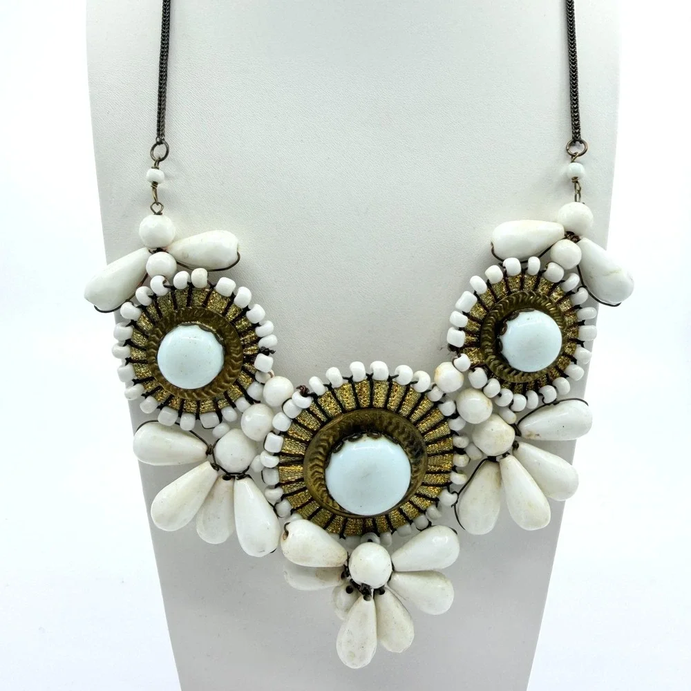 VTG White Faux Stone Brass Tone Bib Necklace Boho Chunky Statement Costume Goth